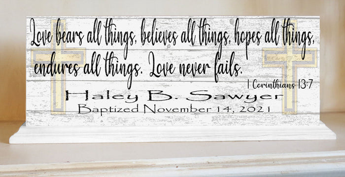 Baptism Gift For Boys or Girls Personalized Plaque Love Bears All Bible Verse - Broad Bay Personalized Gifts Shipped Fast