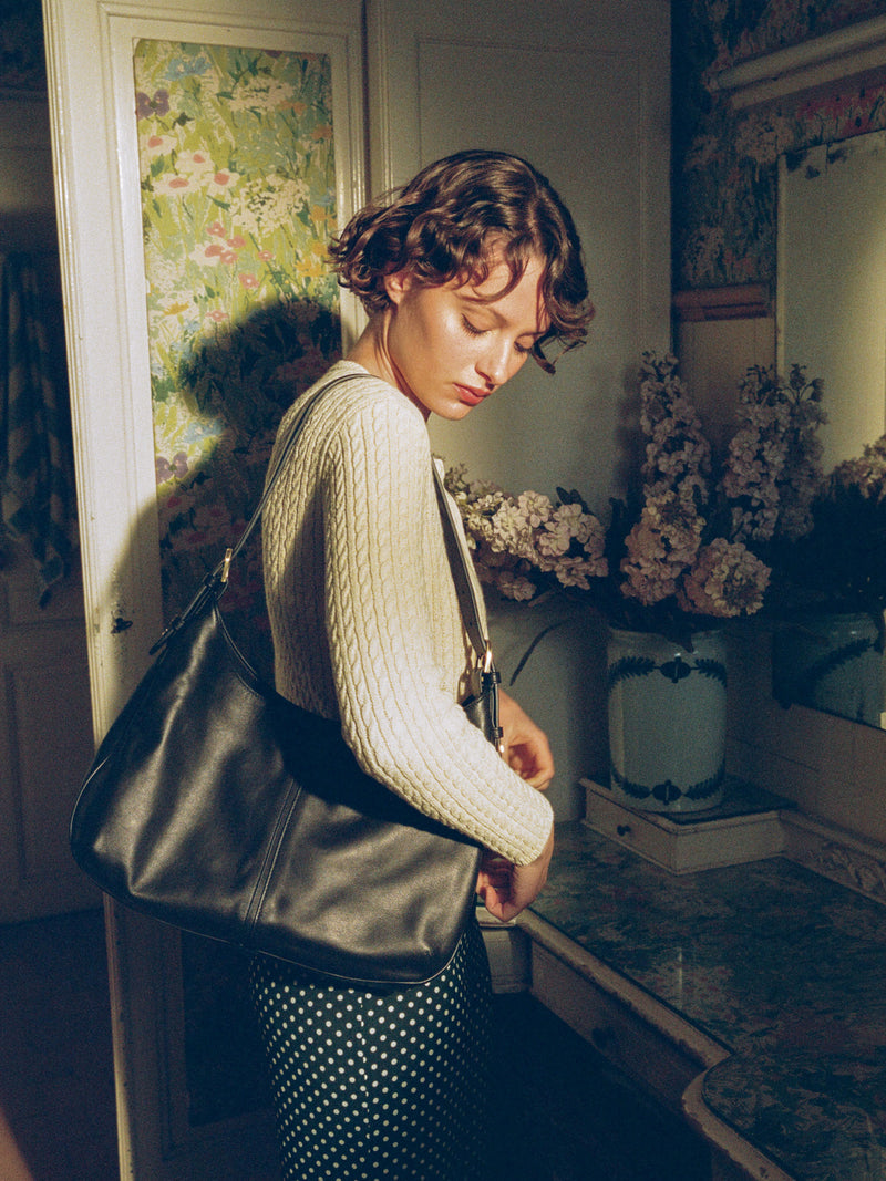 BIG black soft leather large bag, flat packshot by Rouje