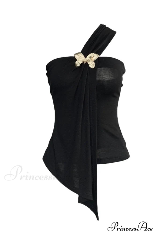Black Draped Top Charming With An Asymmetrical Cut S /
