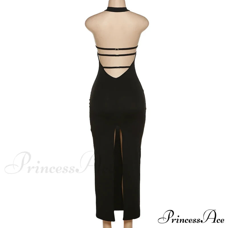 Black Halter Backless Maxi Graceful Dress With Back Straps Dressers