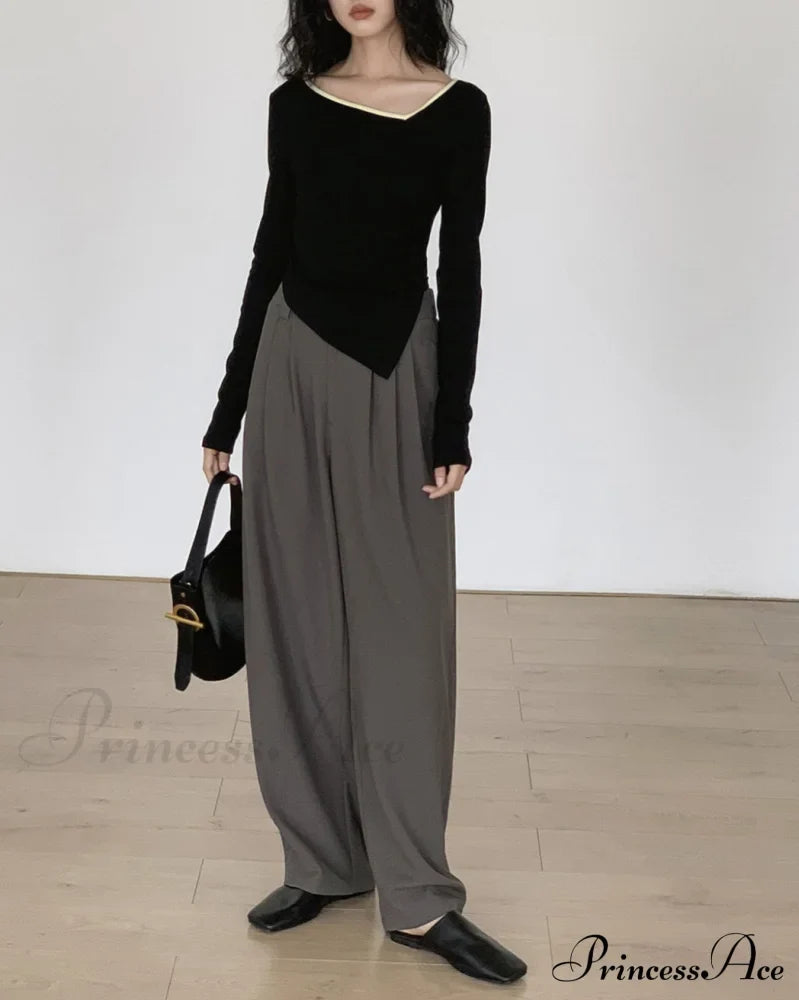 Contrast Trim Long Trendy Sleeve Asymmetrical Top T-Shirts