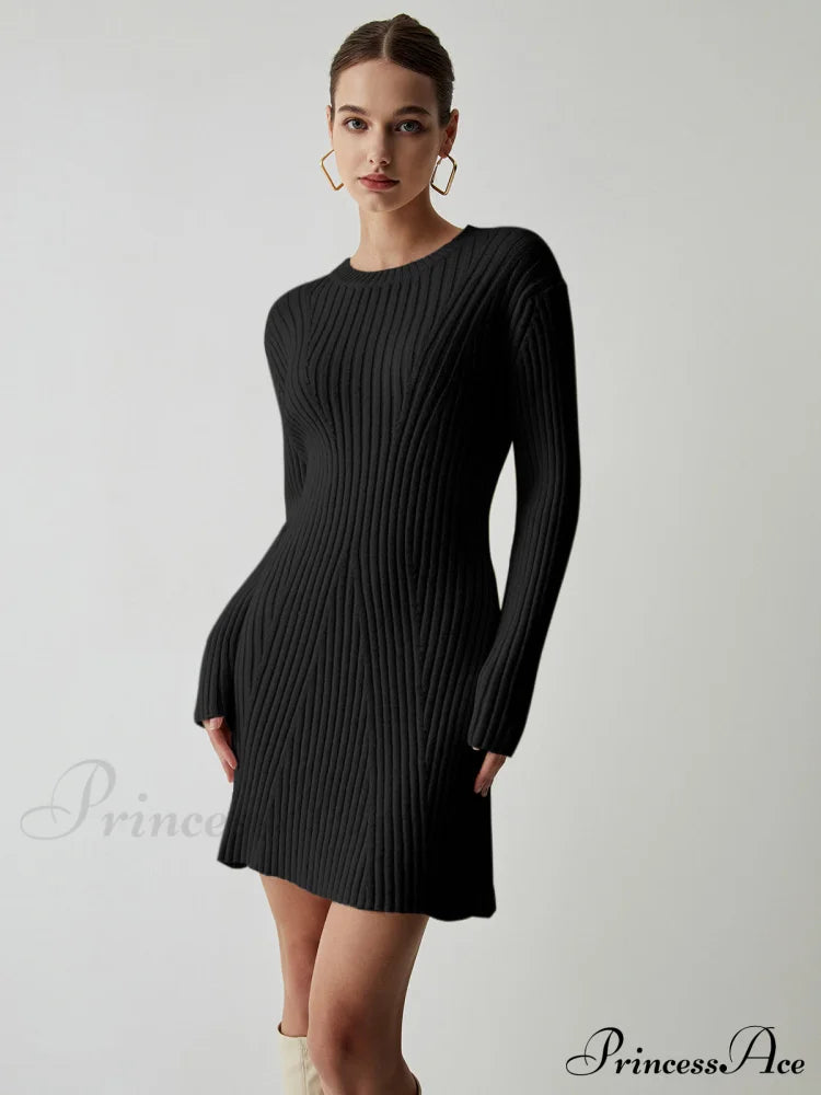 Cream Rib Long Trendy Sleeve Short Sweater Dress Black / Xs Sweaters-L