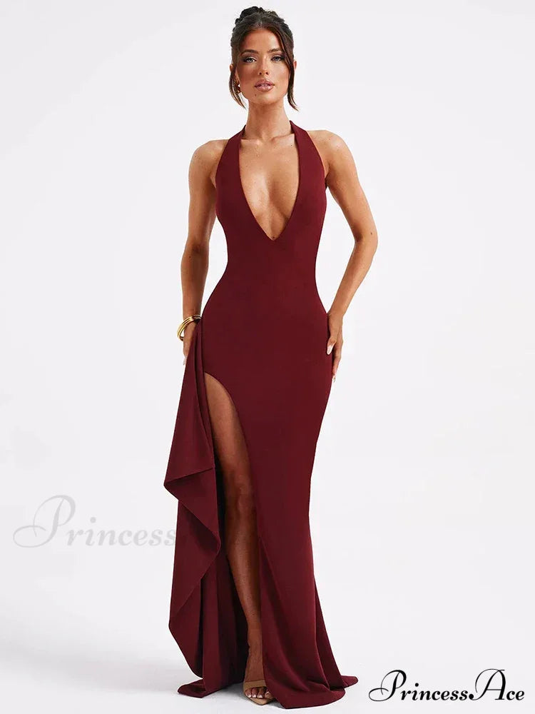 Crew Neck Graceful Vintage Ombre Dress Wine Red / S
