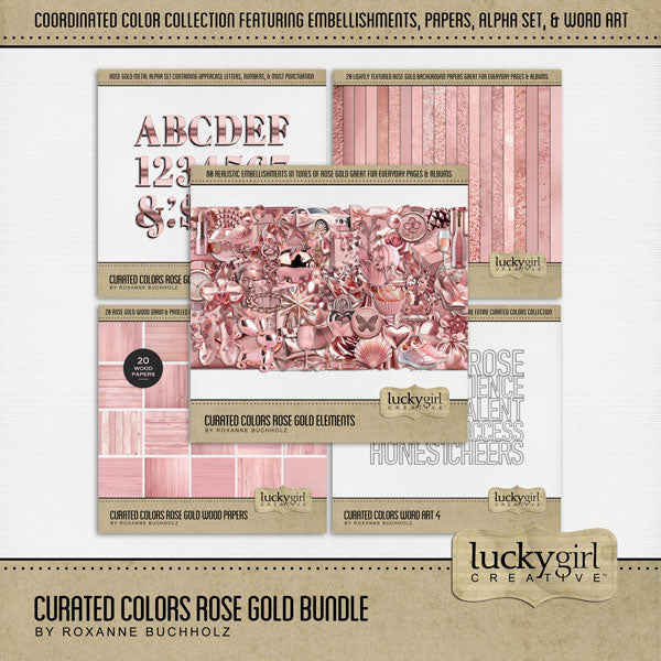 Collect the entire series of Curated Colors by Lucky Girl Creative digital art! Access your digital art in easy-to-use coordinated color palettes. Add these rose gold embellishments, textured and wood papers, alpha set, and everyday wire word art to all your digital scrapbooking pages and mix-and-match them on various projects throughout the year! Embellishments include ballet slippers, balloon animal, balloons, banner, bicycle, bike, bird, ribbon, bow, bow tie, branch, leaf, and more.