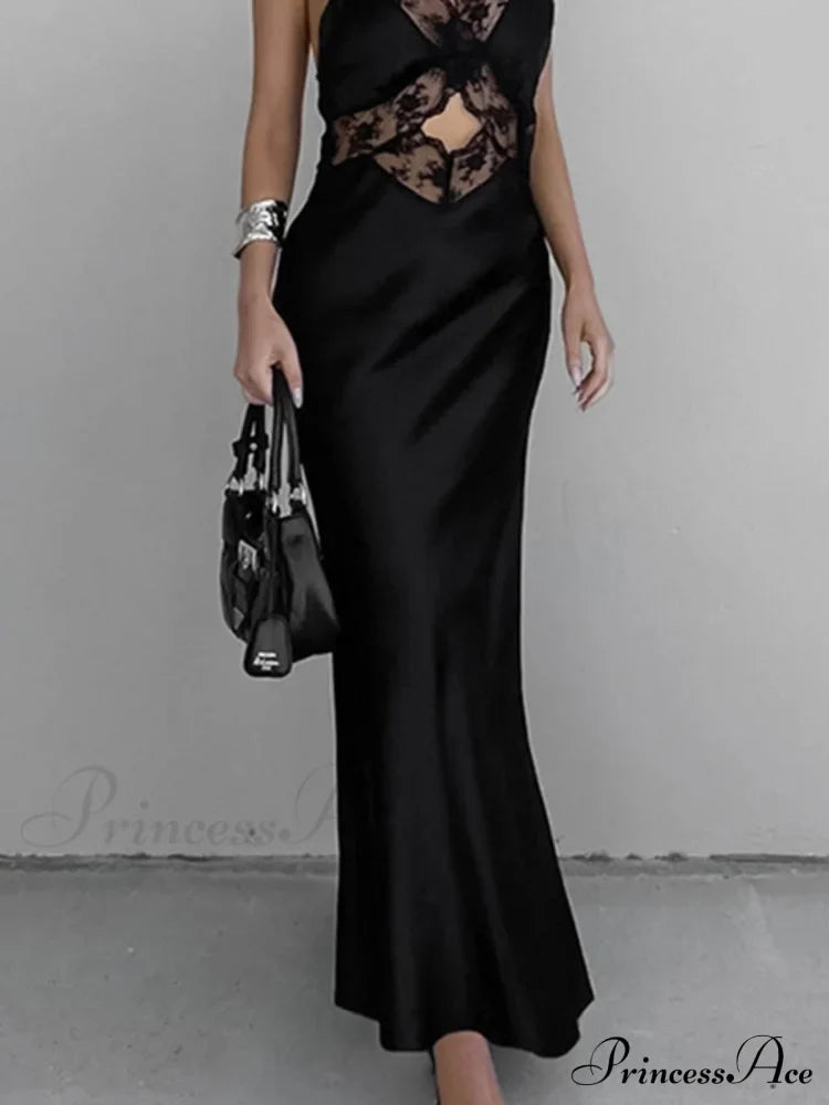 Cutout Lace Trim Trendy Stain Long Dress Dresses