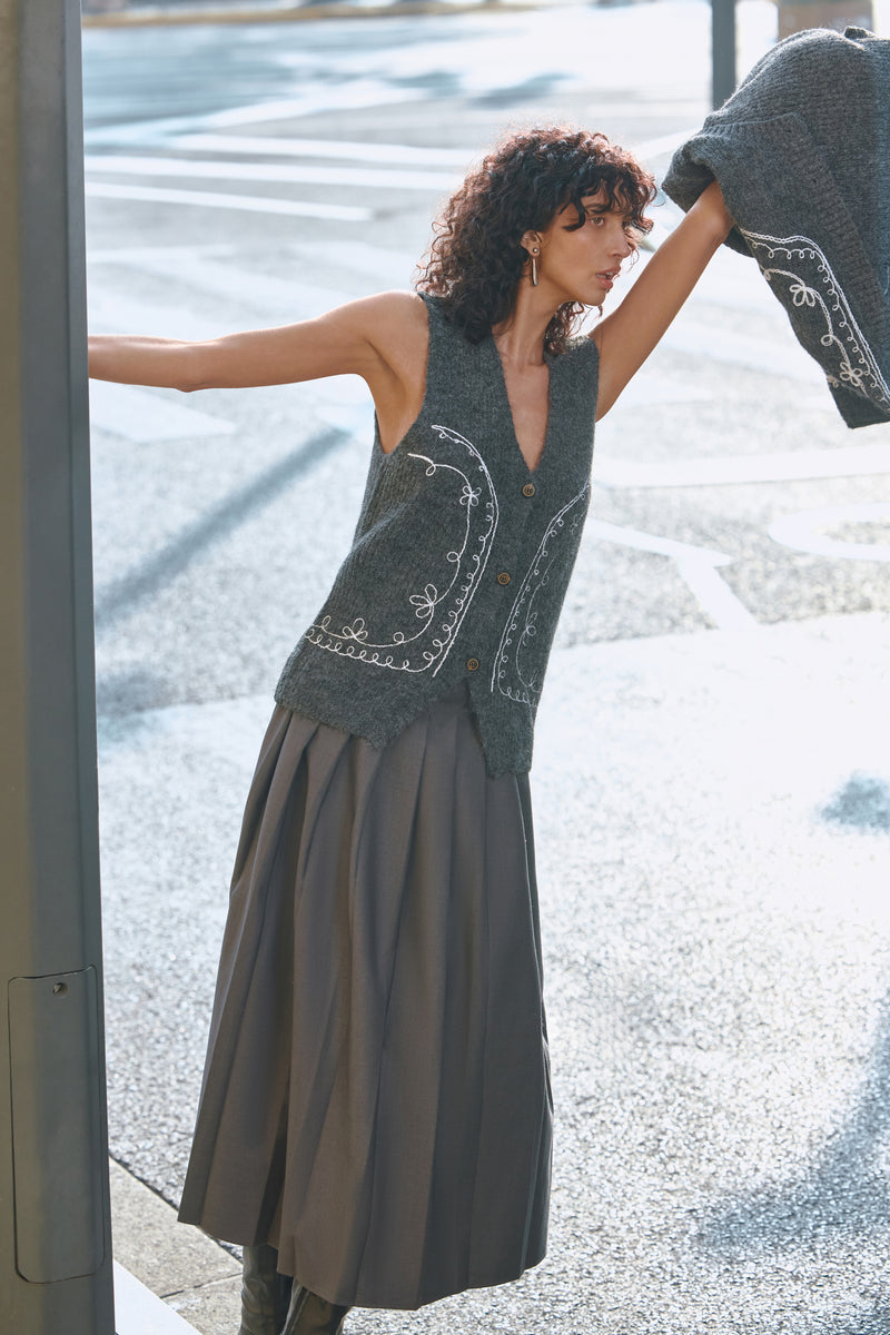 Embroidered wool blend vest