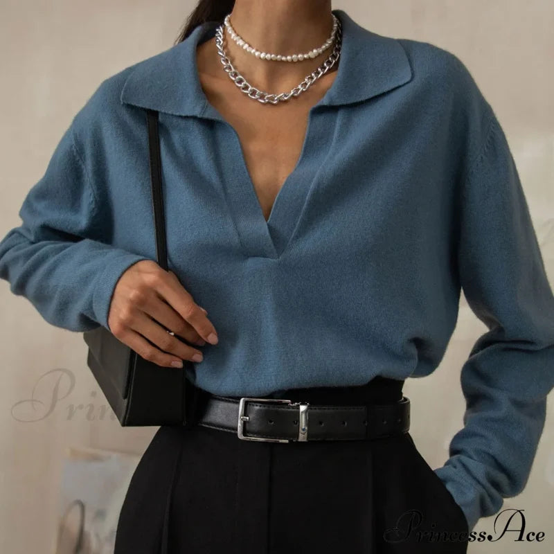 Fabulous Solid Color V Neck Classic Long Sleeve Sweater - Apricot L / Blue Sweaters
