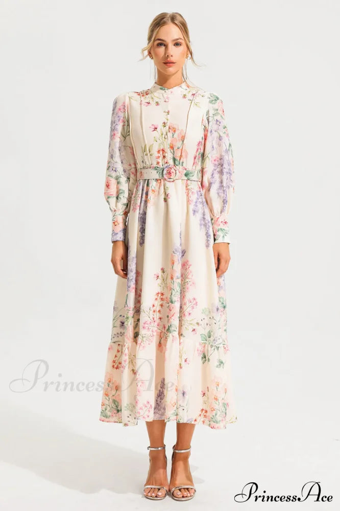 Floral Long Sleeve Charming Maxi Dress With Belt