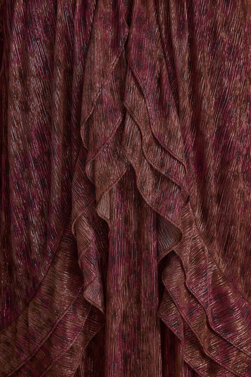 Additional view of the Golden Hour Raspberry Ruffle Mini Dress from a different perspective.
