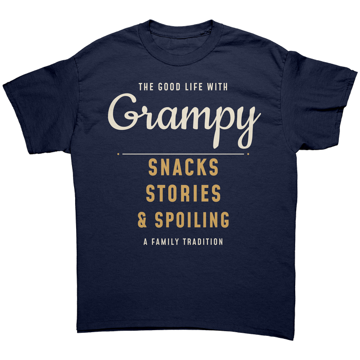 Navy Grampy T-shirt with cream script and gold “Snacks, Stories & Spoiling” lettering on the front