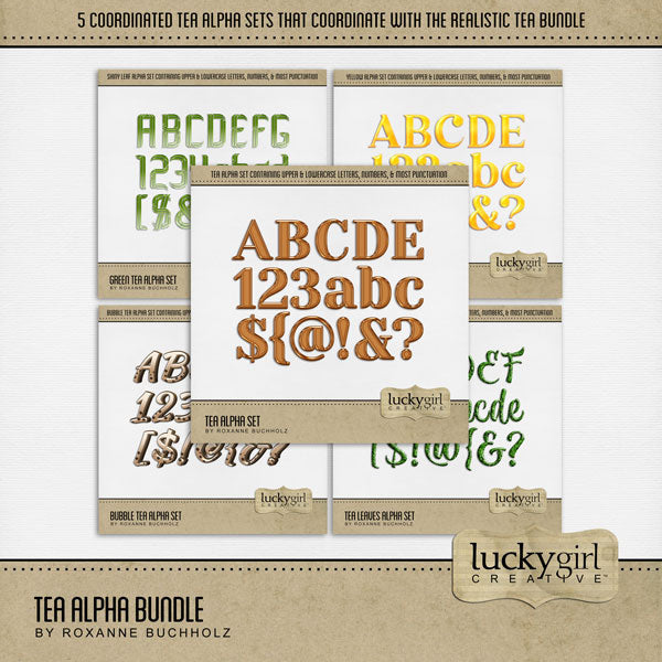 Cozy up your digital scrapbooking page titles with these tasty tea-inspired alpha sets by Lucky Girl Creative digital art! Great for travel to Asia, Japan, China, and more! Each of the 5 alpha sets consist of a full set of digital art uppercase alphabet letters A-Z, lowercase letters a-z, numbers 0-9, and most punctuation marks. These alpha sets are available as individual embellishments only.