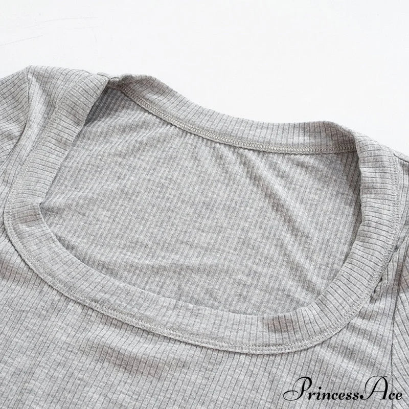 Grey Ribbed Long Charming Sleeve Crop Top