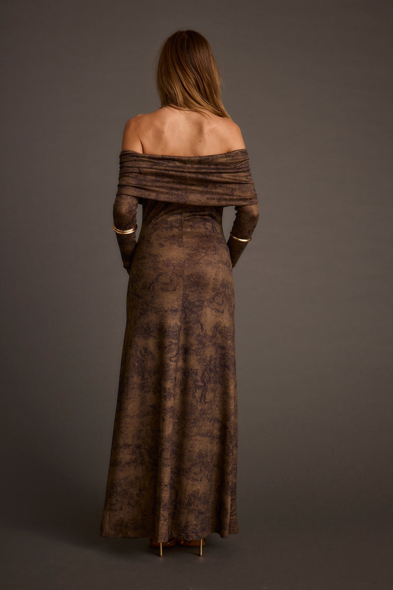 Additional view of the Hollis Mocha Blur Off the Shoulder Maxi Dress from a different perspective.