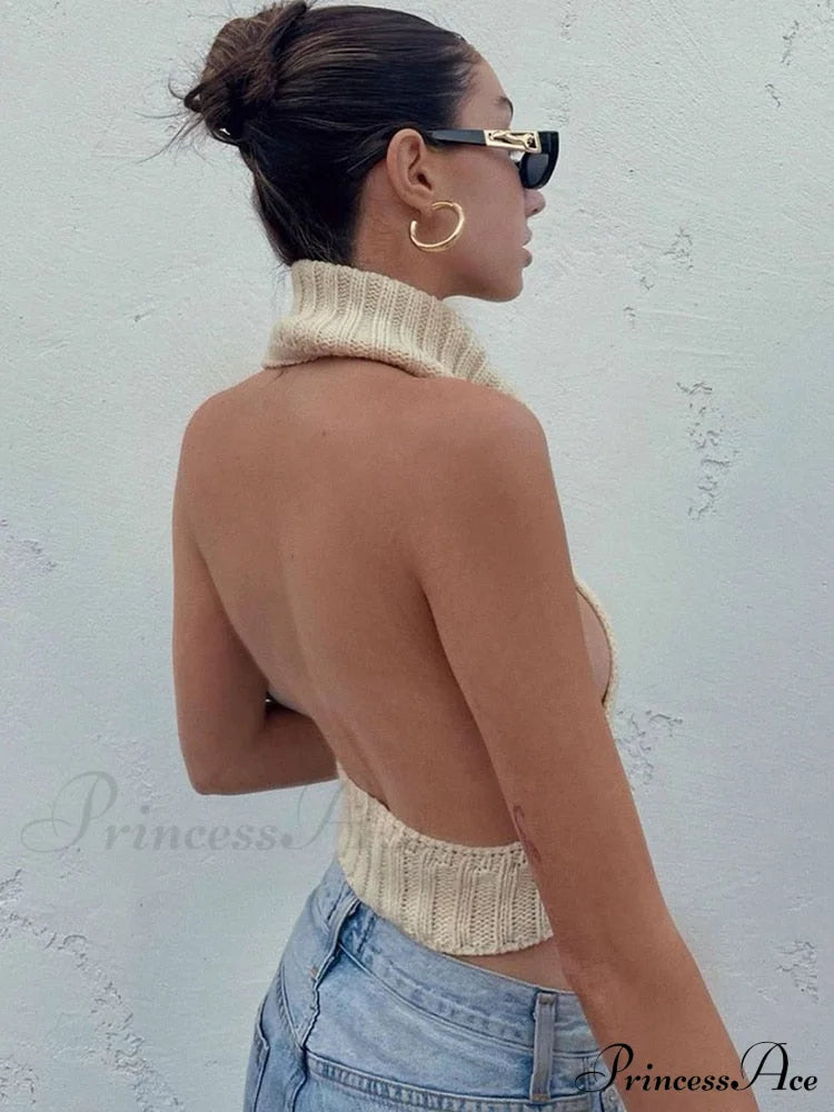 Knitted Turtleneck Stylish Backless Crop Top Shirts & Tops