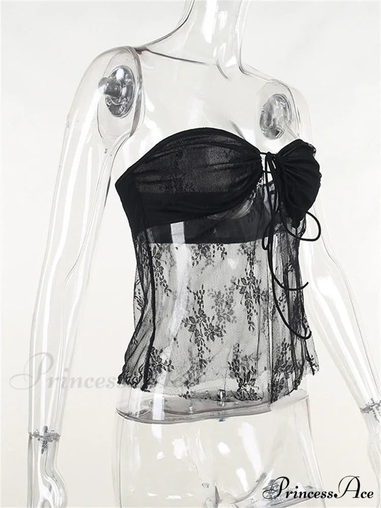 Lace Sheer Tube Charming Tie Up Slit Top