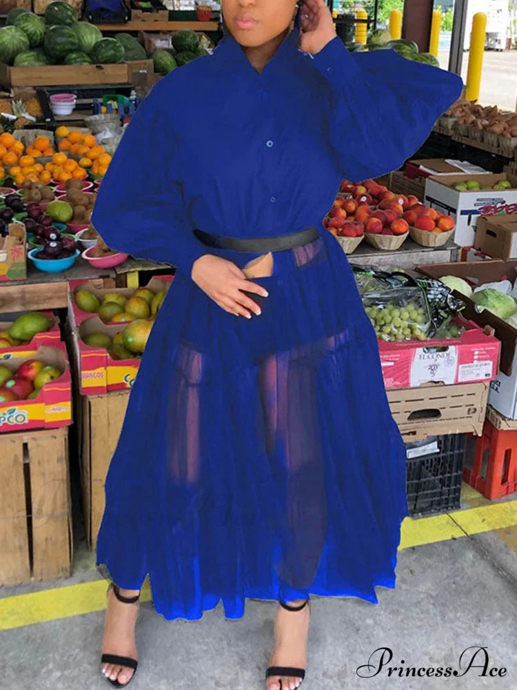 Lantern Sleeve Graceful Split Maxi Dress Navy Blue / M Shirts & Tops