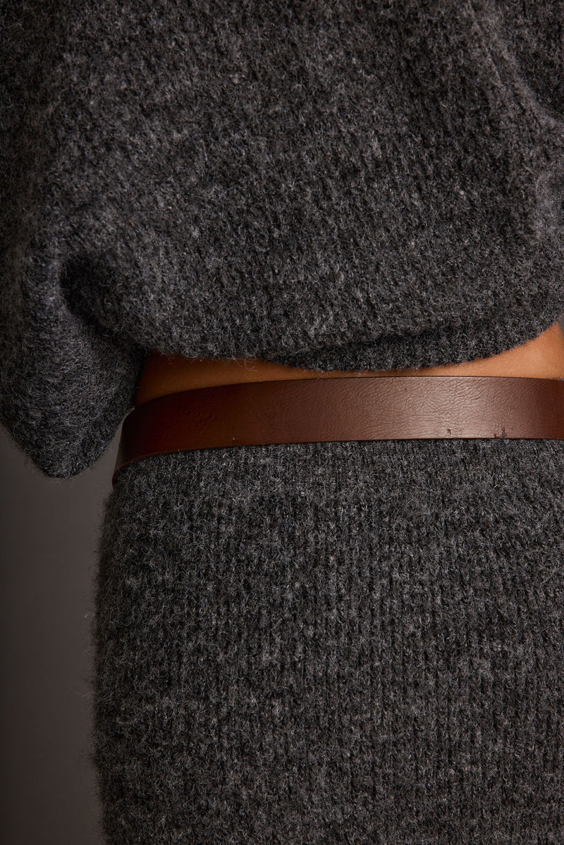 Lodge Brown and Silver Statement Belt styled in a complete look from an alternate angle.