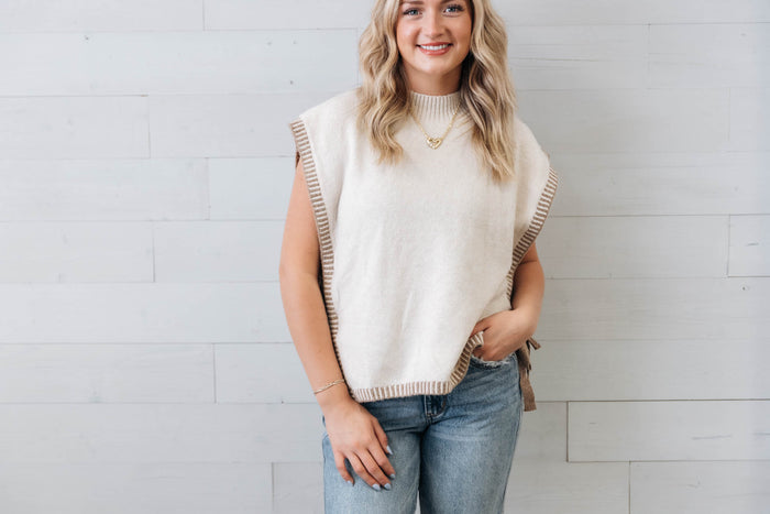 Oatmeal Side Tie Detail Knit Sweater Vest Top Mock Neck