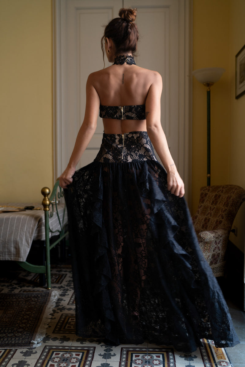 Product view of the Princesa Black Lace Drop Waist Maxi Dress showcasing versatility and wearability.