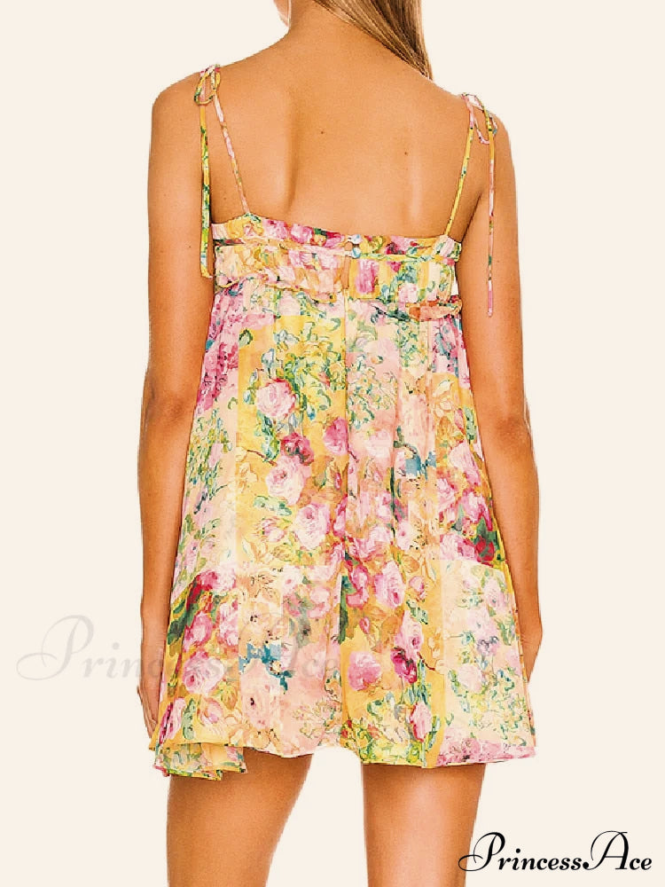 Printed Strap Tie-Up Slip Mini Dress
