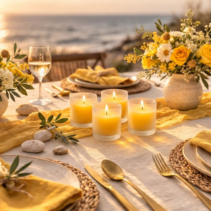 Four frosted votive holders with yellow candles on a beachside tablescape at sunset