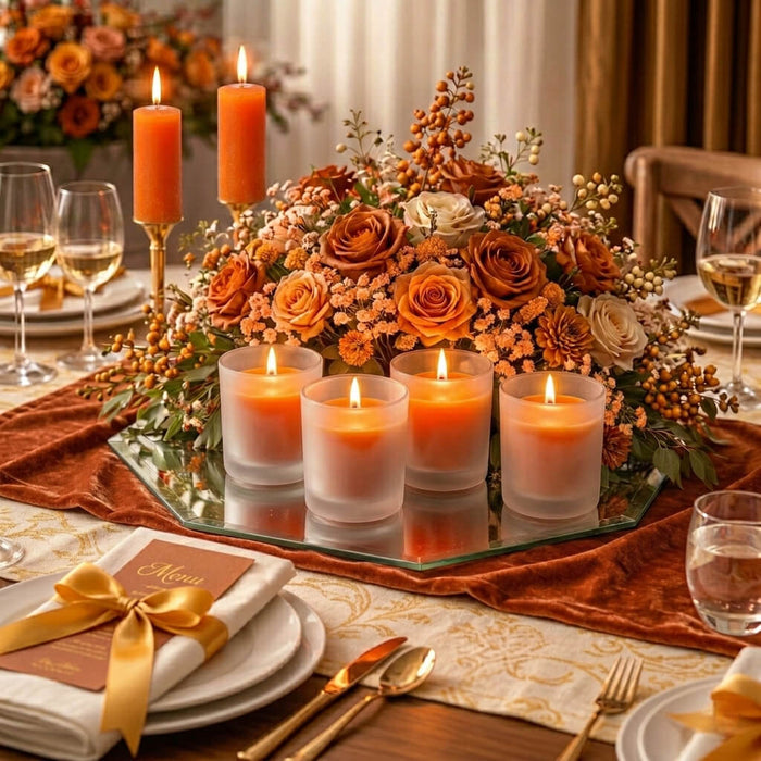 Citrus fruit scented orange candles and flowers on a table