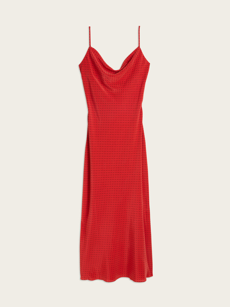 GEMMA red plumetis long dress with straps, flat packshot by Rouje