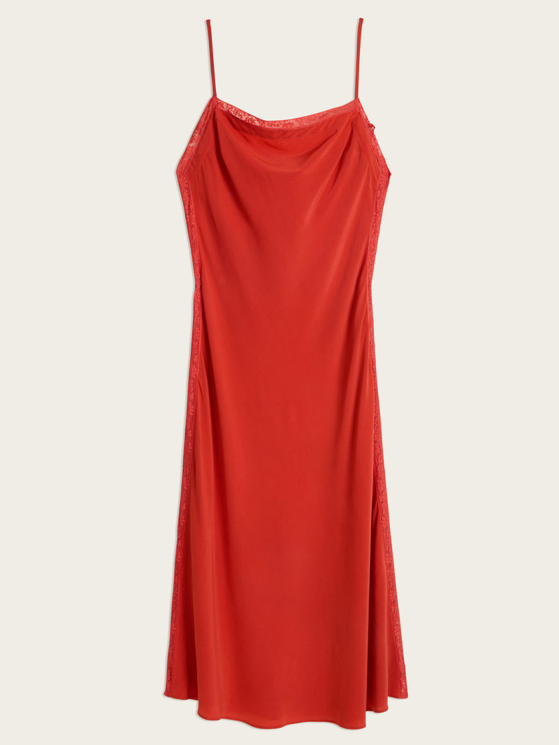 VICKY red lace and silk midi dress, flat packshot by Rouje