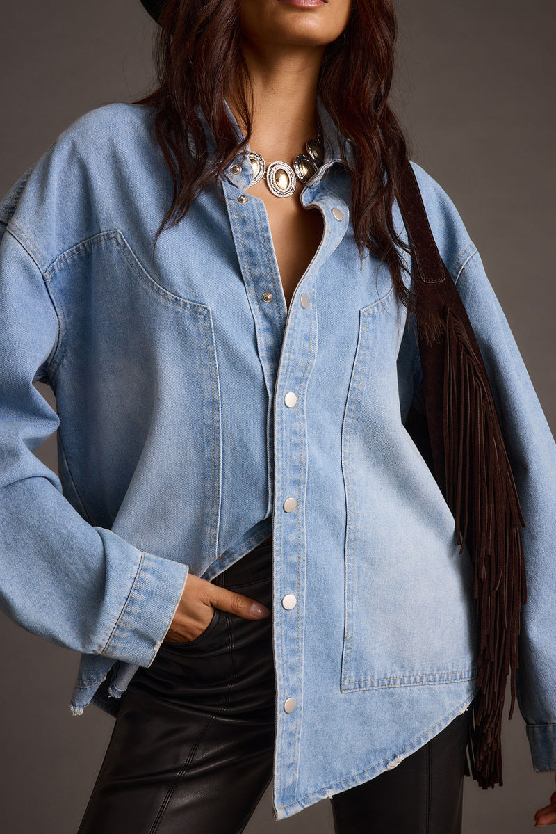 Additional view of the Rocky Light Denim Button Down Top from a different perspective.