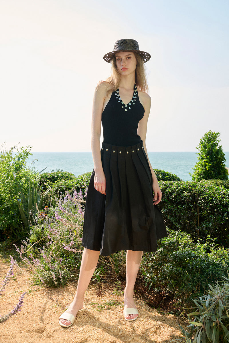 Studded pleated midi skirt
