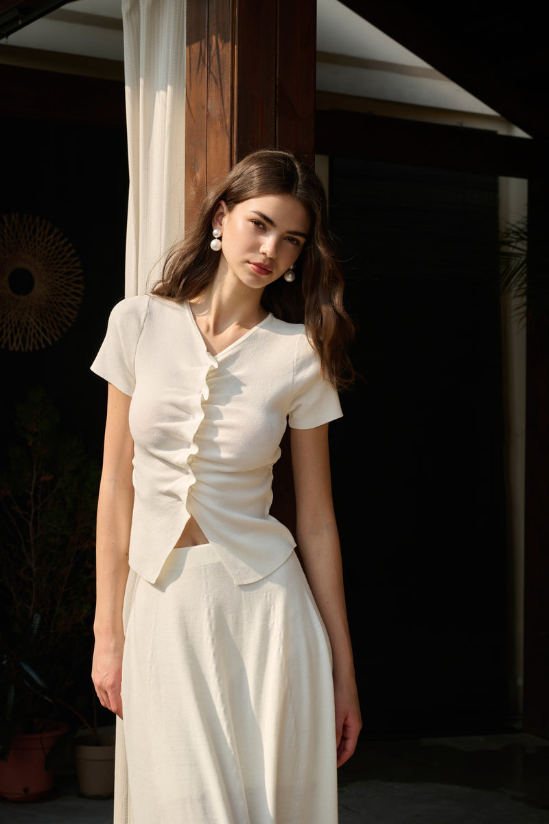 V-neck ruched top & maxi skirt