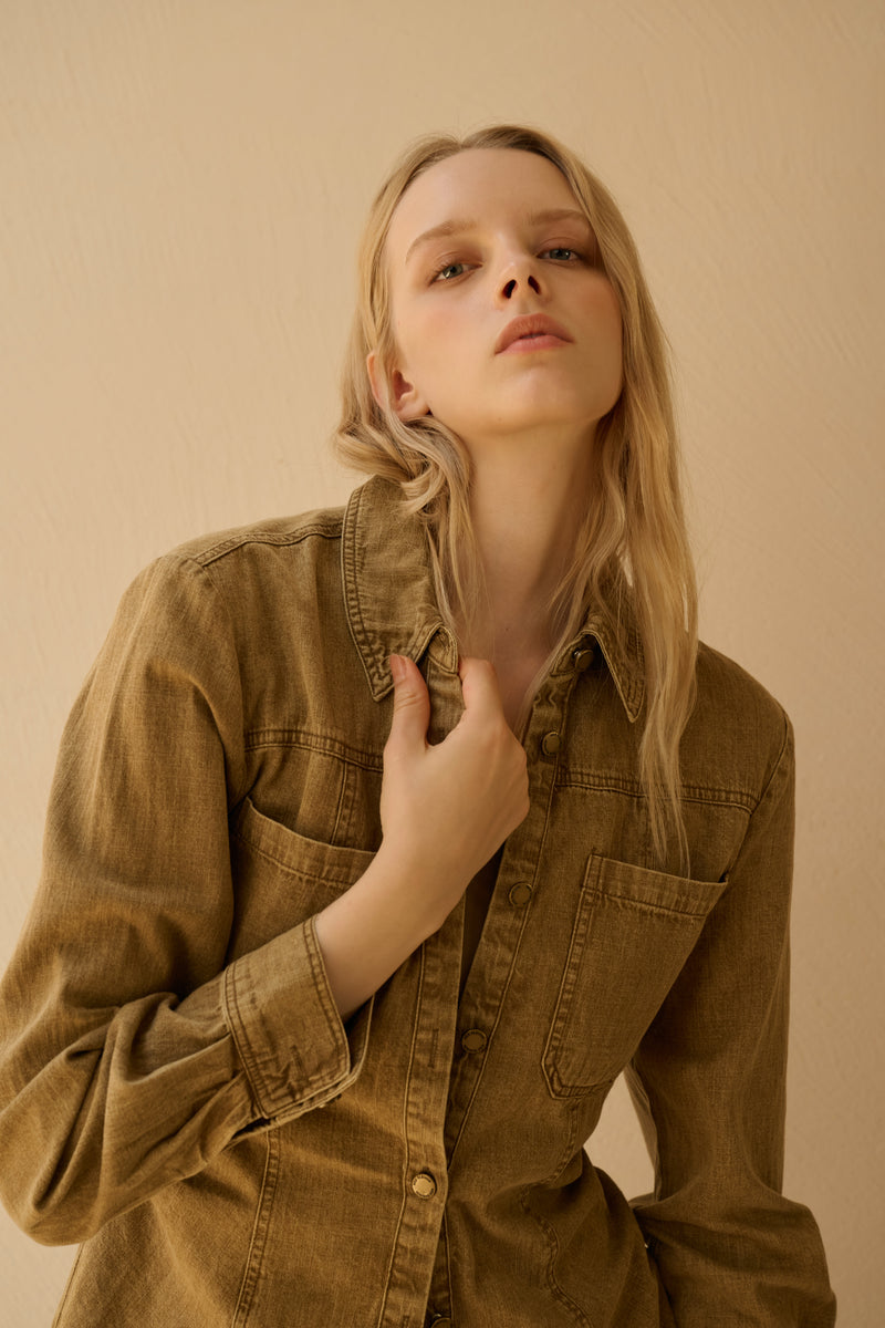 Washed denim cinched-waist shirt