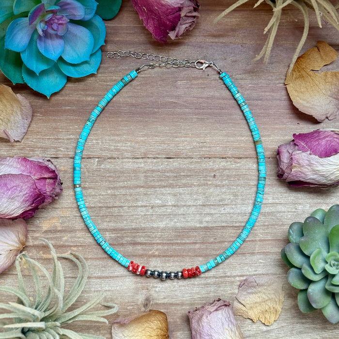 14” Vibrant Choker – Turquoise, Spiny Oyster & Sterling Silver