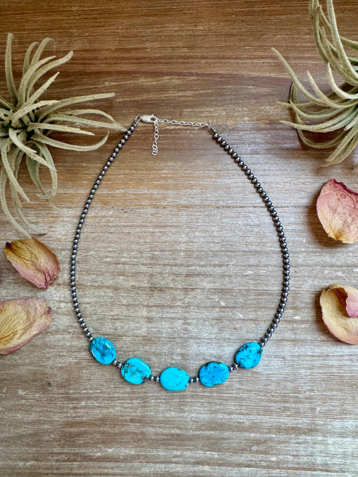 15-Inch Flat Blue Turquoise & Sterling Silver Pearl Choker