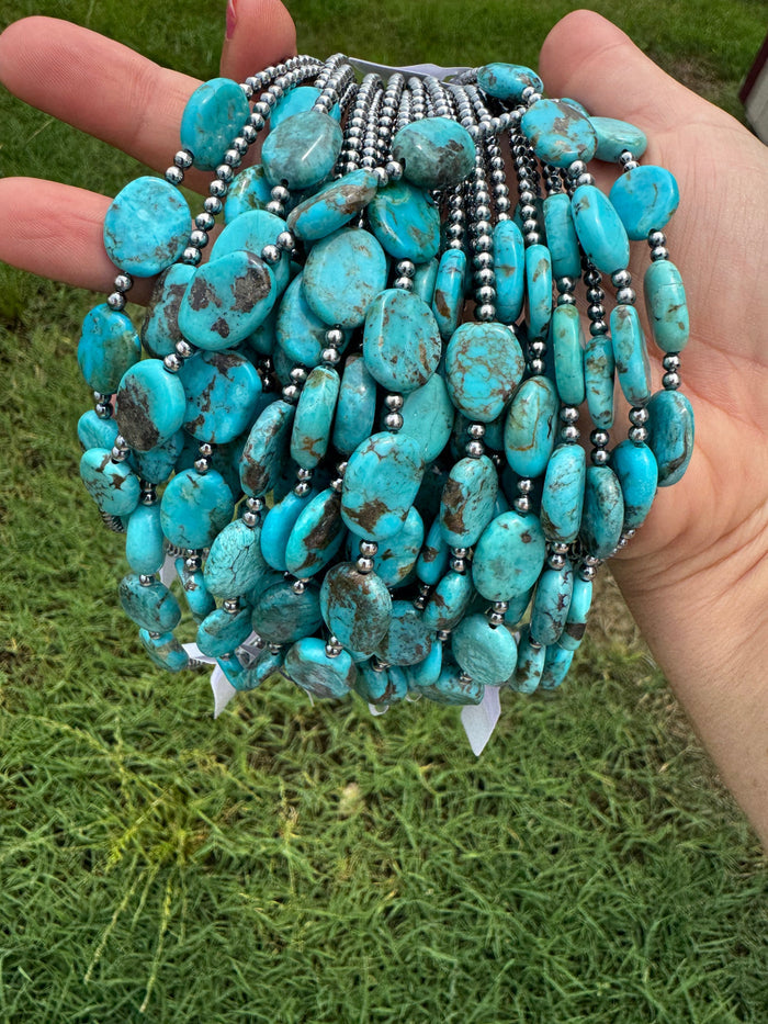 15-Inch Flat Blue Turquoise & Sterling Silver Pearl Choker
