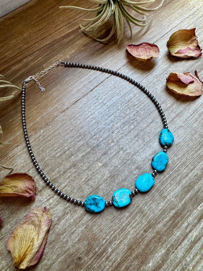 15-Inch Flat Blue Turquoise & Sterling Silver Pearl Choker