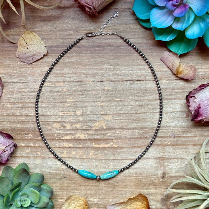 15-Inch Sterling Silver Pearl & Blue Turquoise Torpedo Choker