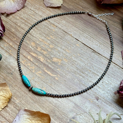 15-Inch Sterling Silver Pearl & Blue Turquoise Torpedo Choker