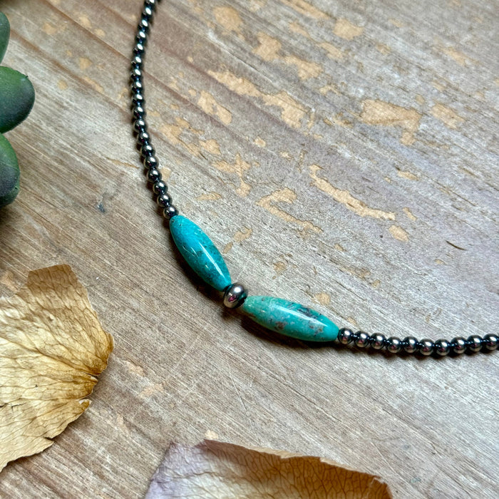 15-Inch Sterling Silver Pearl & Blue Turquoise Torpedo Choker