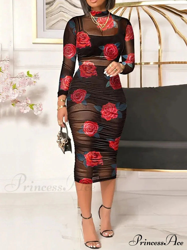 3D Floral Choker Detail Strapless Classic Bodycon Party Midi Dress - Turquoise Red / S Dresses