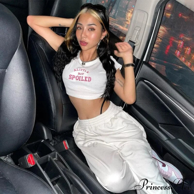 A Little Bit Spoiled Graceful White Graphic Crop Top Shirts & Tops