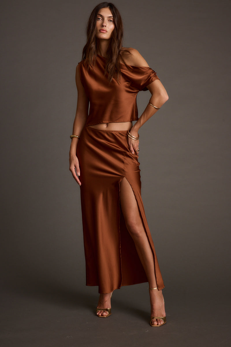 Additional view of the Alaina Cinnamon Maxi Skirt from a different perspective.