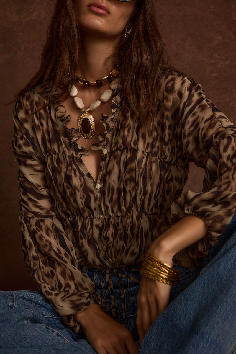 Alba Leopard Chiffon Long Sleeve Blouse styled in a complete look from an alternate angle.