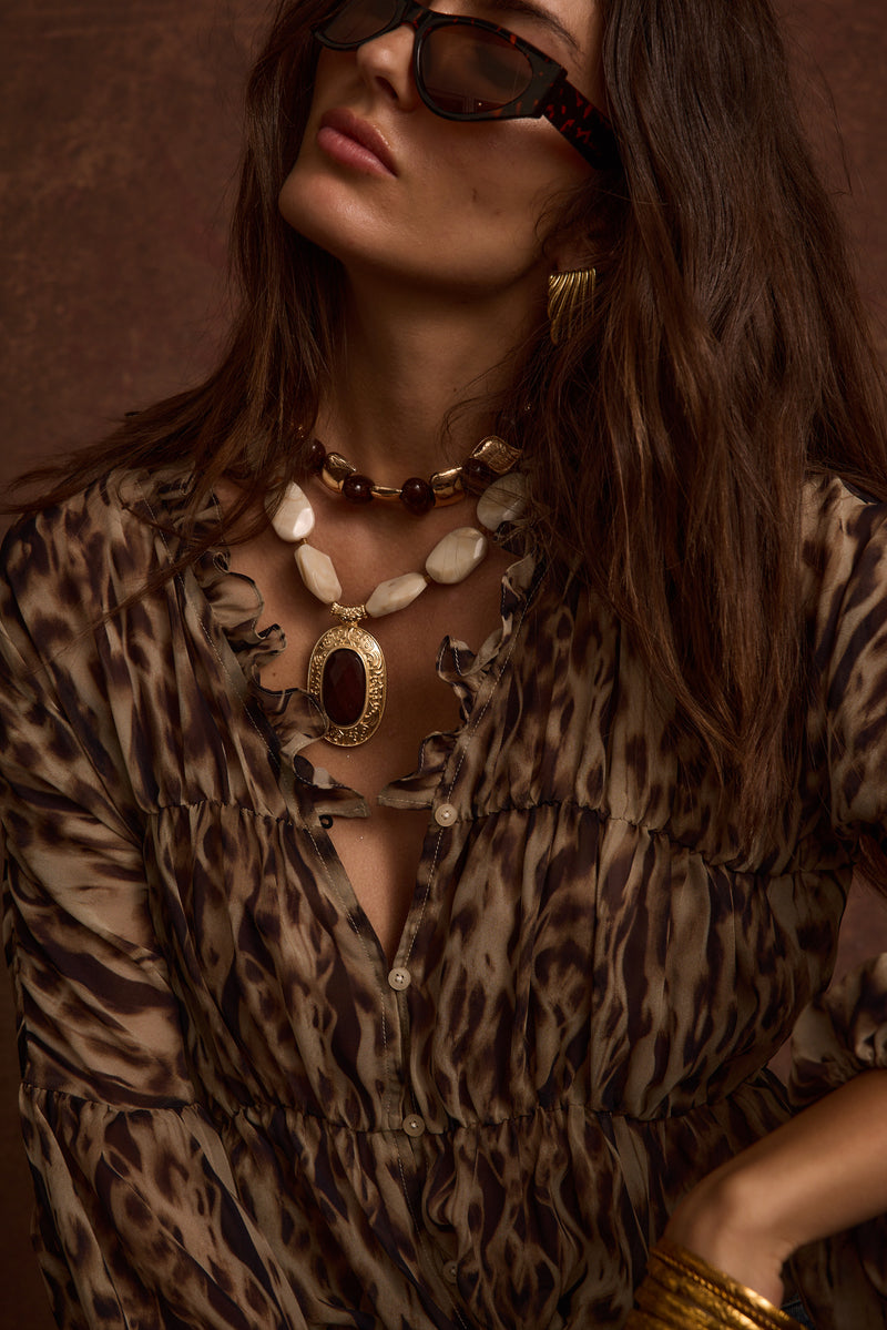 Additional view of the Alba Leopard Chiffon Long Sleeve Blouse from a different perspective.