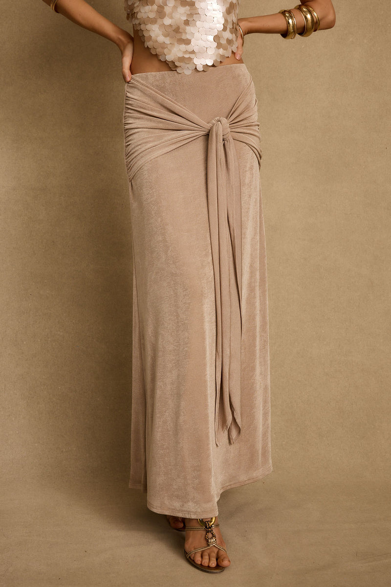 Almara Champagne Maxi Skirt styled in a complete look from an alternate angle.
