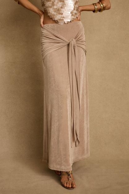 Almara Champagne Maxi Skirt styled in a complete look from an alternate angle.