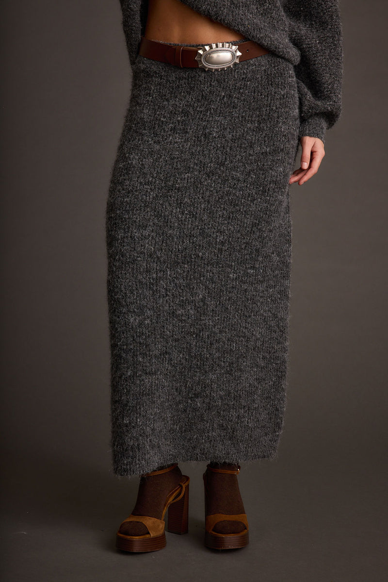 Alpine Charcoal Sweater Maxi Skirt styled in a complete look from an alternate angle.