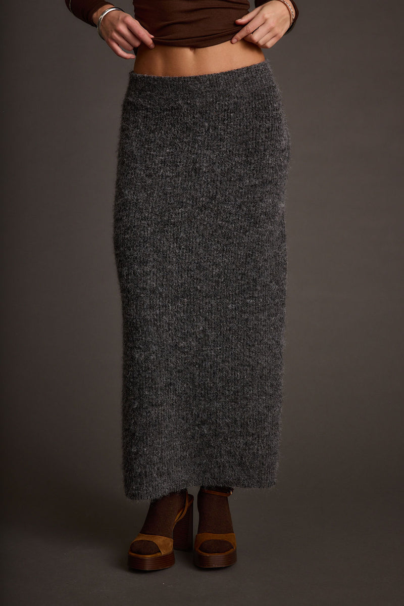 Detail shot of the Alpine Charcoal Sweater Maxi Skirt highlighting the design elements.