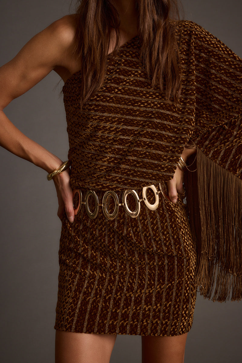 Additional view of the Amberley Cognac Velvet Mini Dress from a different perspective.