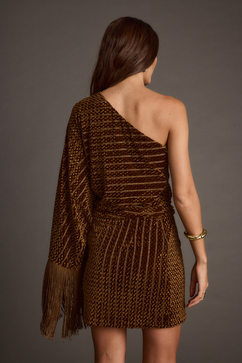 Amberley Cognac Velvet Mini Dress shown in a complementary styling arrangement.